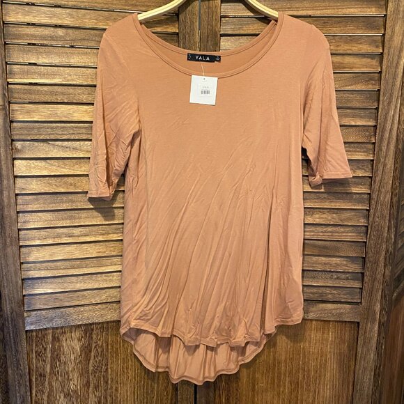 Yala Sandy Relaxed Fit Scoop Neck Short Sleeve Bamboo Top Camel - Picture 2 of 3